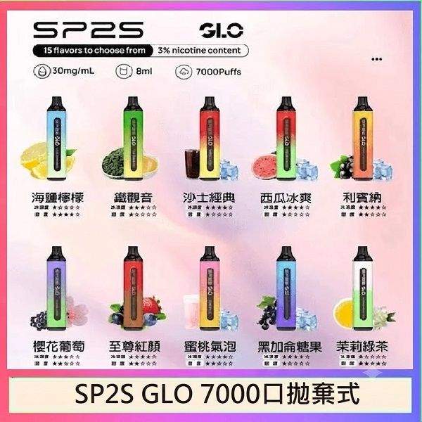 SP2S GLO 7000口拋棄式電子煙 SP2S GLO 7000 一次性拋棄式電子煙|8ml大容量 · 15種口味 · 台灣現貨:圖片 1